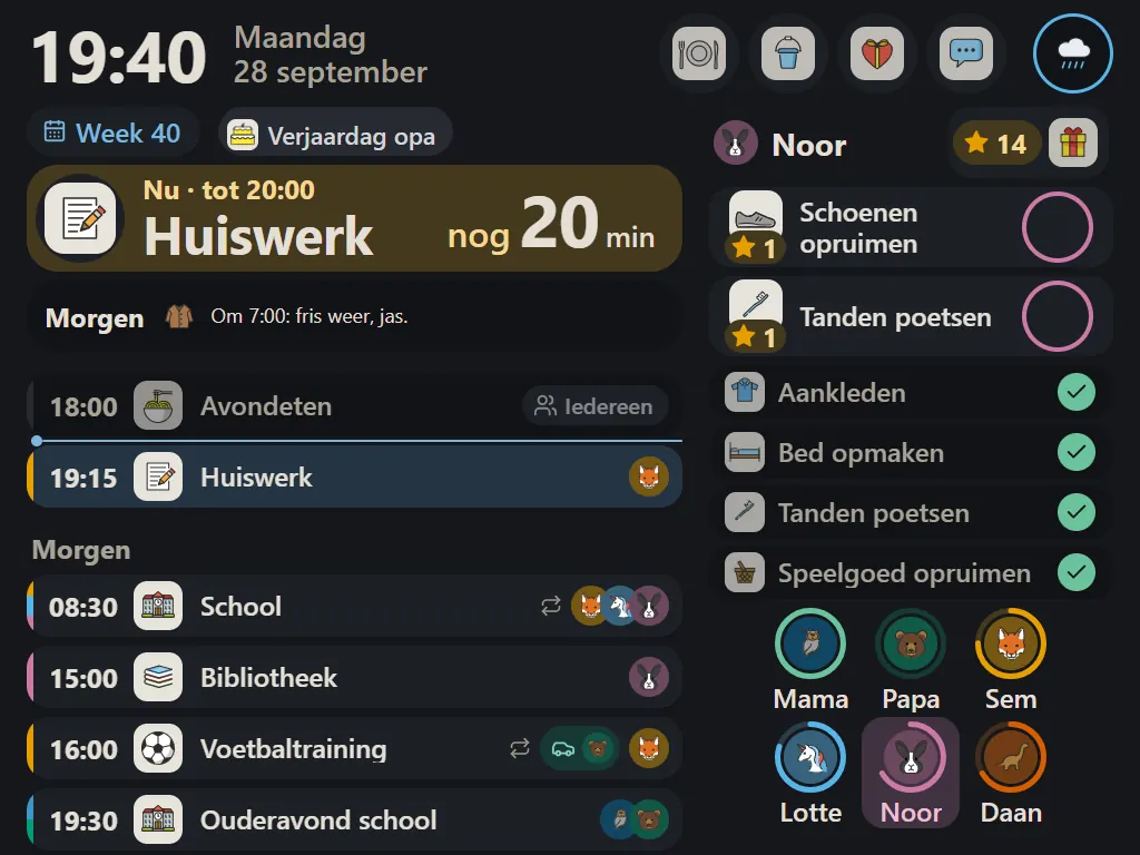 Het bord op maandagavond om 19:40, donker en rustig: het avondeten is geweest, nu huiswerk, Noor moet nog tanden poetsen en schoenen opruimen, en morgen begint school om 08:30.