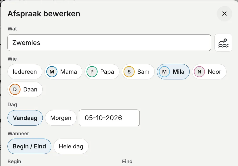 Editing an appointment on the board, after the parent PIN: what, who, the day and the time