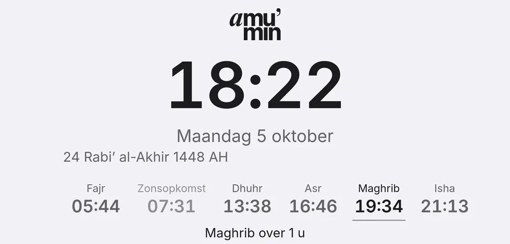 The quiet screen: 18:22, Monday 5 October, the Hijri date and today’s six prayer times