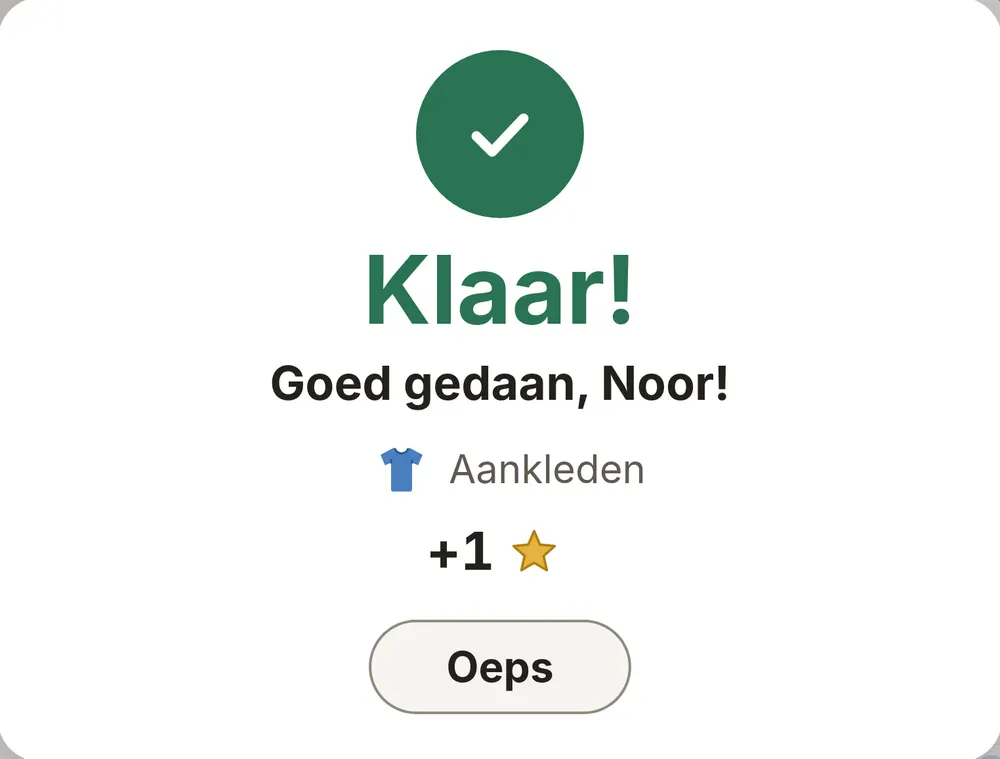 The Done popup in the middle of the board: a large tick, Done!, Well done Noor, the task Getting dressed, plus one star and the Oops button