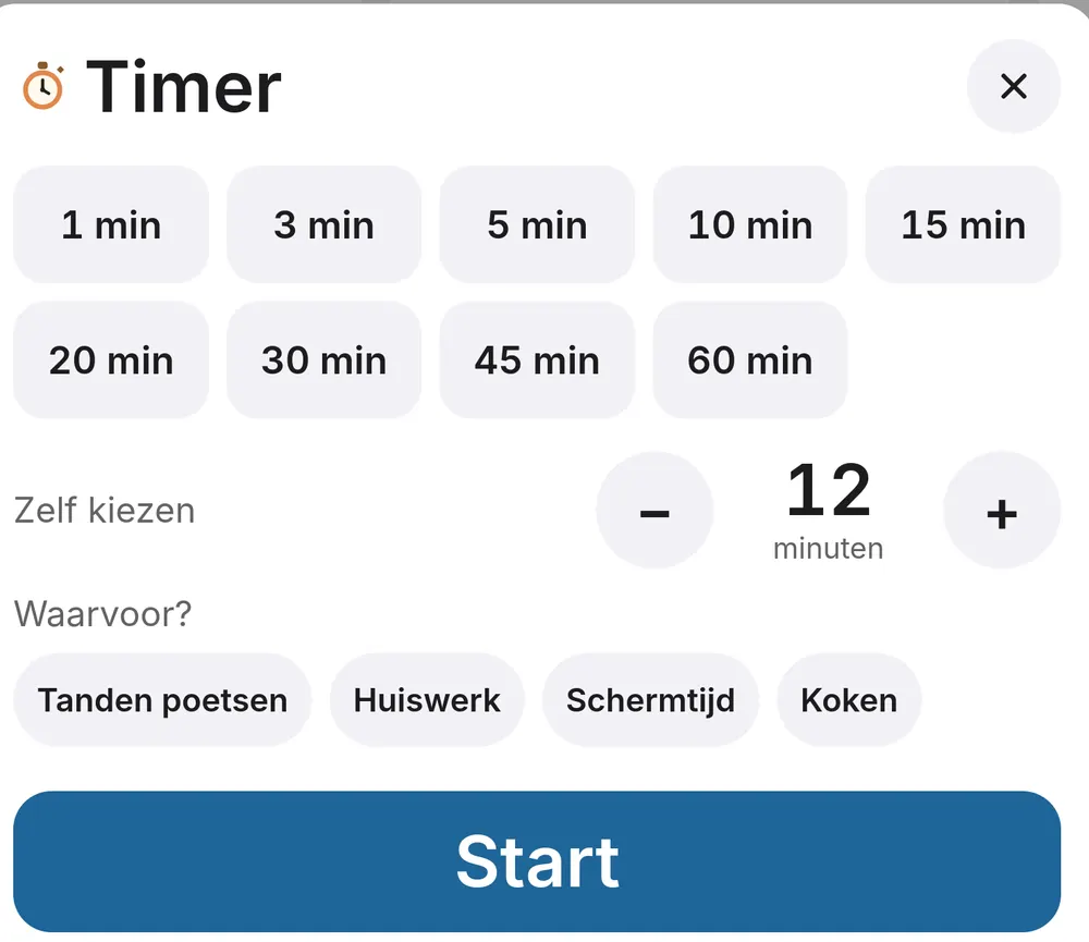 The timer window: quick times from 1 to 60 minutes, choose your own, what for (brushing teeth, homework, screen time, cooking) and Start