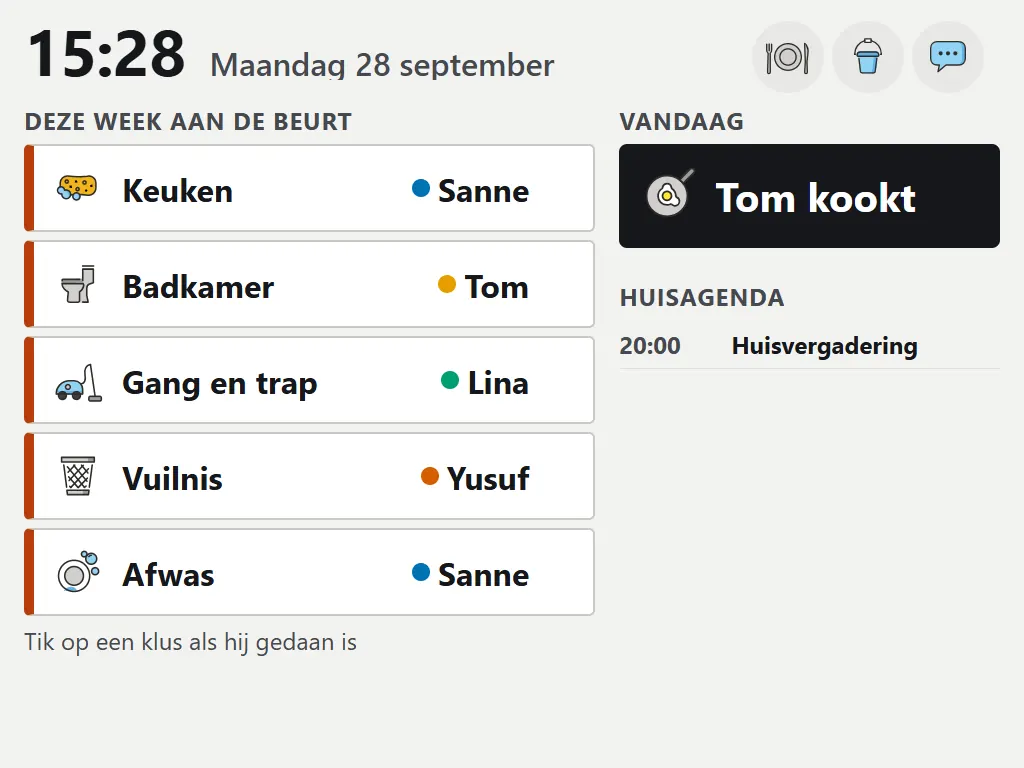 Het bord in de gang van een studentenhuis: deze week aan de beurt voor keuken, badkamer, gang en trap, vuilnis en afwas; vandaag kookt Tom, en om 20:00 is er huisvergadering.