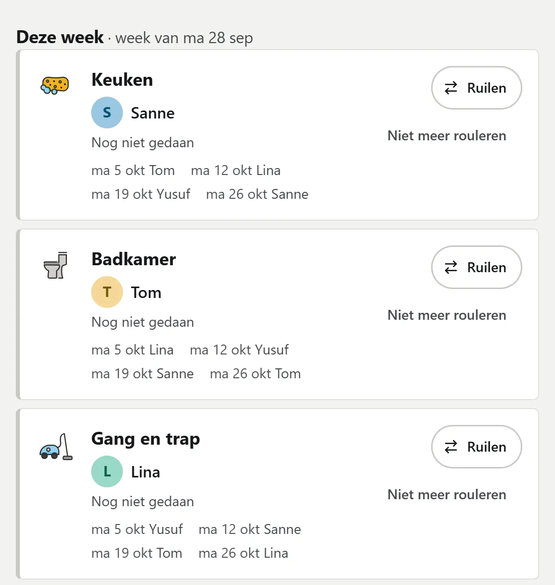 Het beurtrooster in de app, deze week: keuken (Sanne), badkamer (Tom) en gang en trap (Lina), met wie de weken daarna aan de beurt is en een knop om te ruilen.