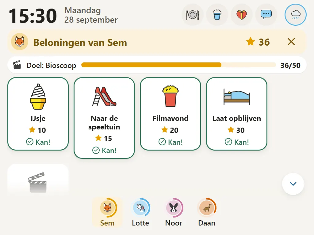Beloningen van Sem op maandagmiddag: 36 van de 50 sterren voor het doel bioscoop, en beloningen als een ijsje of later opblijven.