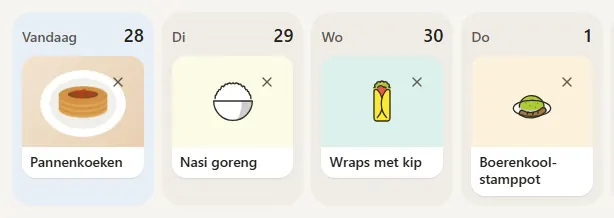 Het weekmenu in de app, van maandag (vandaag) tot en met donderdag: pannenkoeken, nasi goreng, wraps met kip en boerenkoolstamppot.