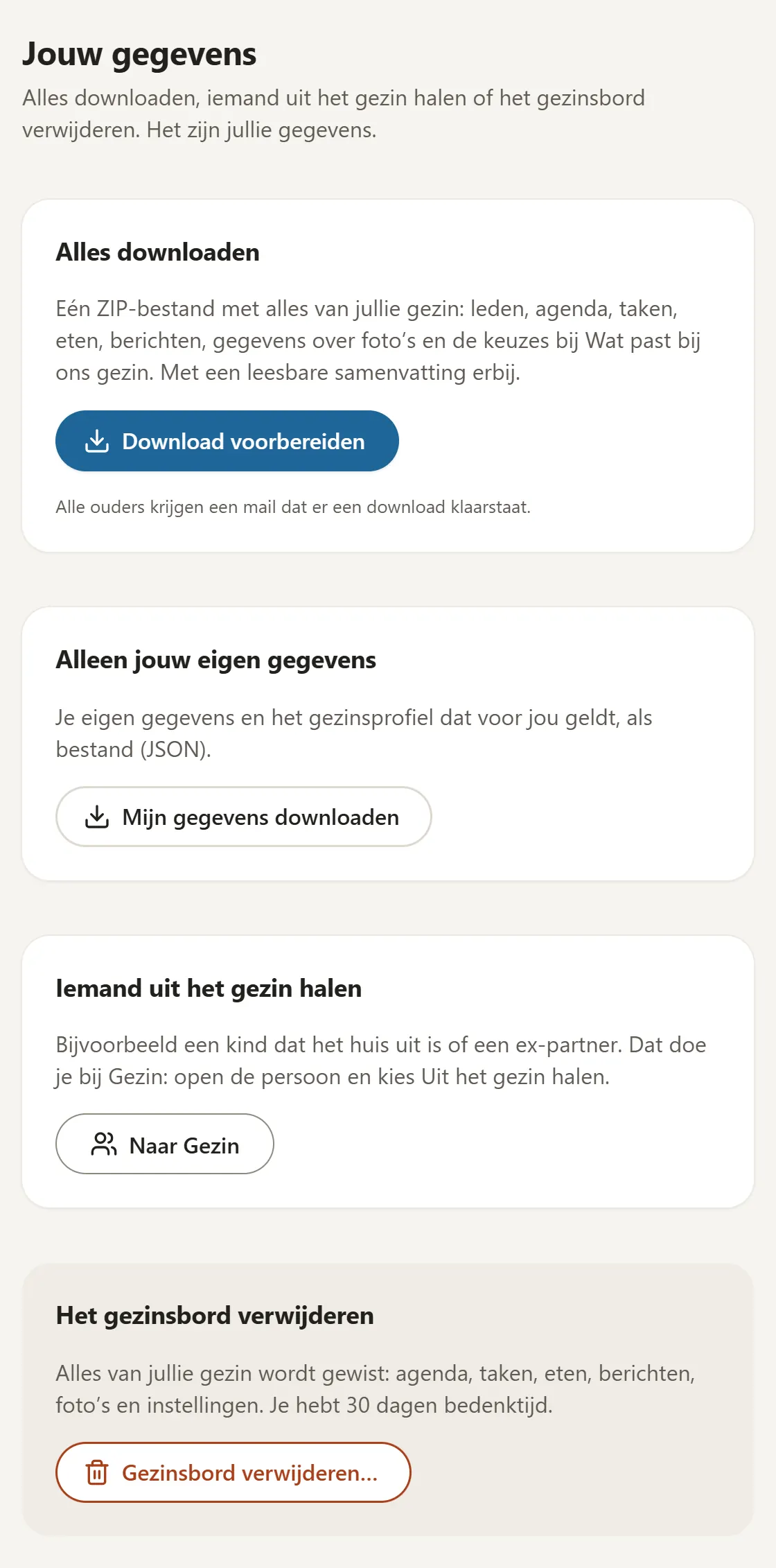 De pagina "Jouw gegevens" in de app: alles downloaden, alleen je eigen gegevens downloaden, iemand uit het gezin halen, en het gezinsbord verwijderen met 30 dagen bedenktijd.