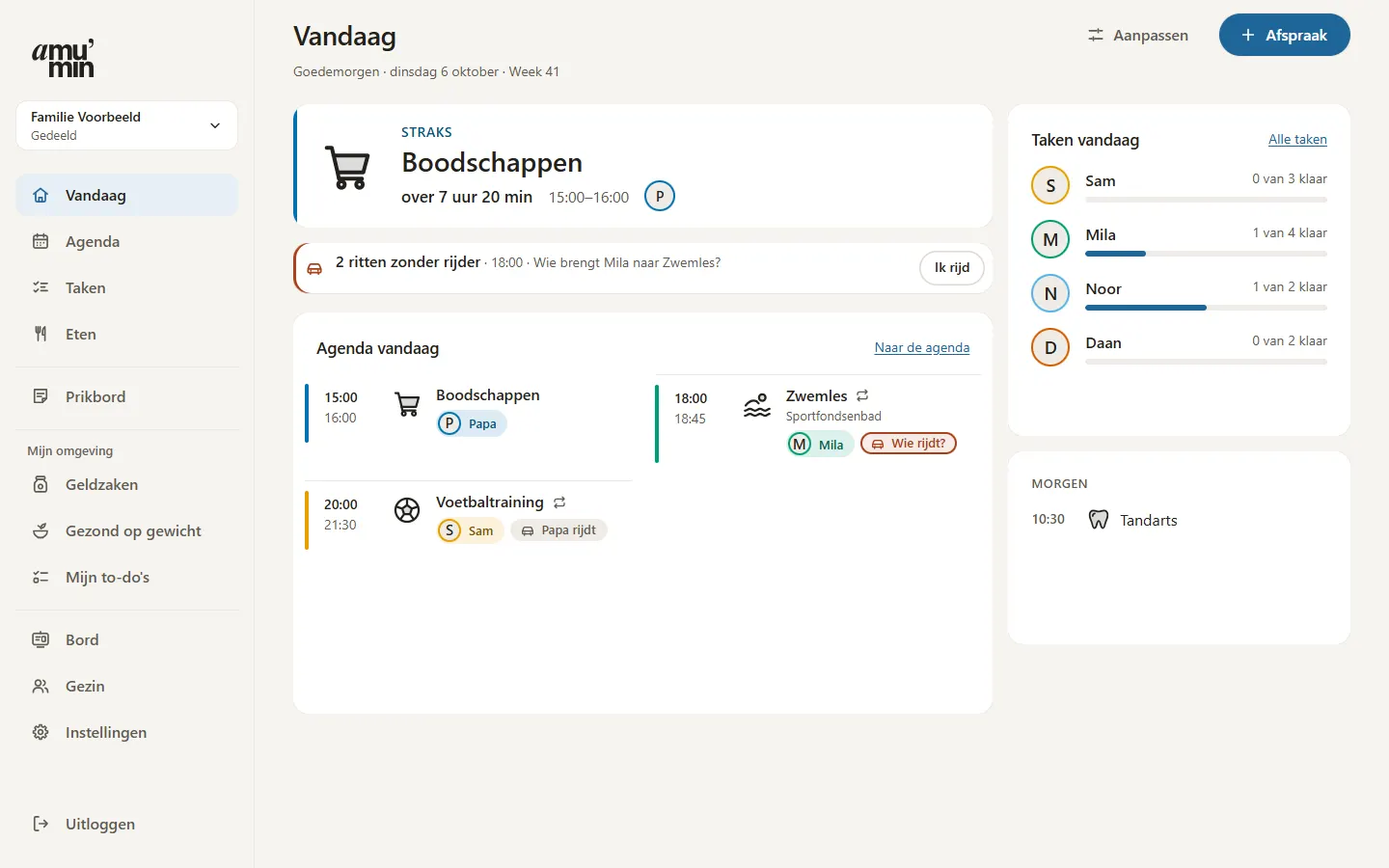The parent app on Today: shopping coming up, a ride without a driver, today’s calendar and each child’s tasks