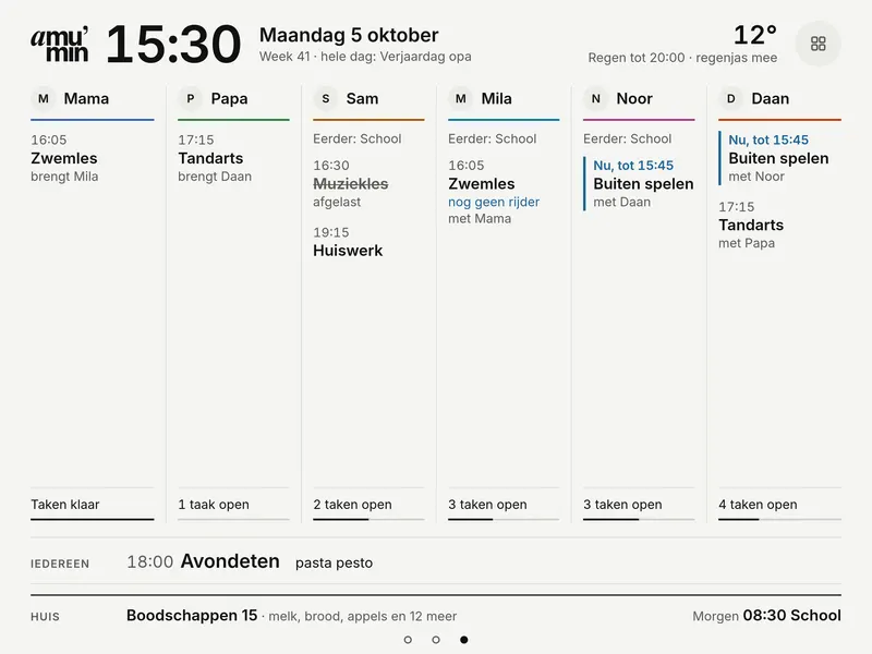 The People page: a column for each family member with what is on now, today’s appointments and open tasks, and at the bottom what the whole family does together and the shopping