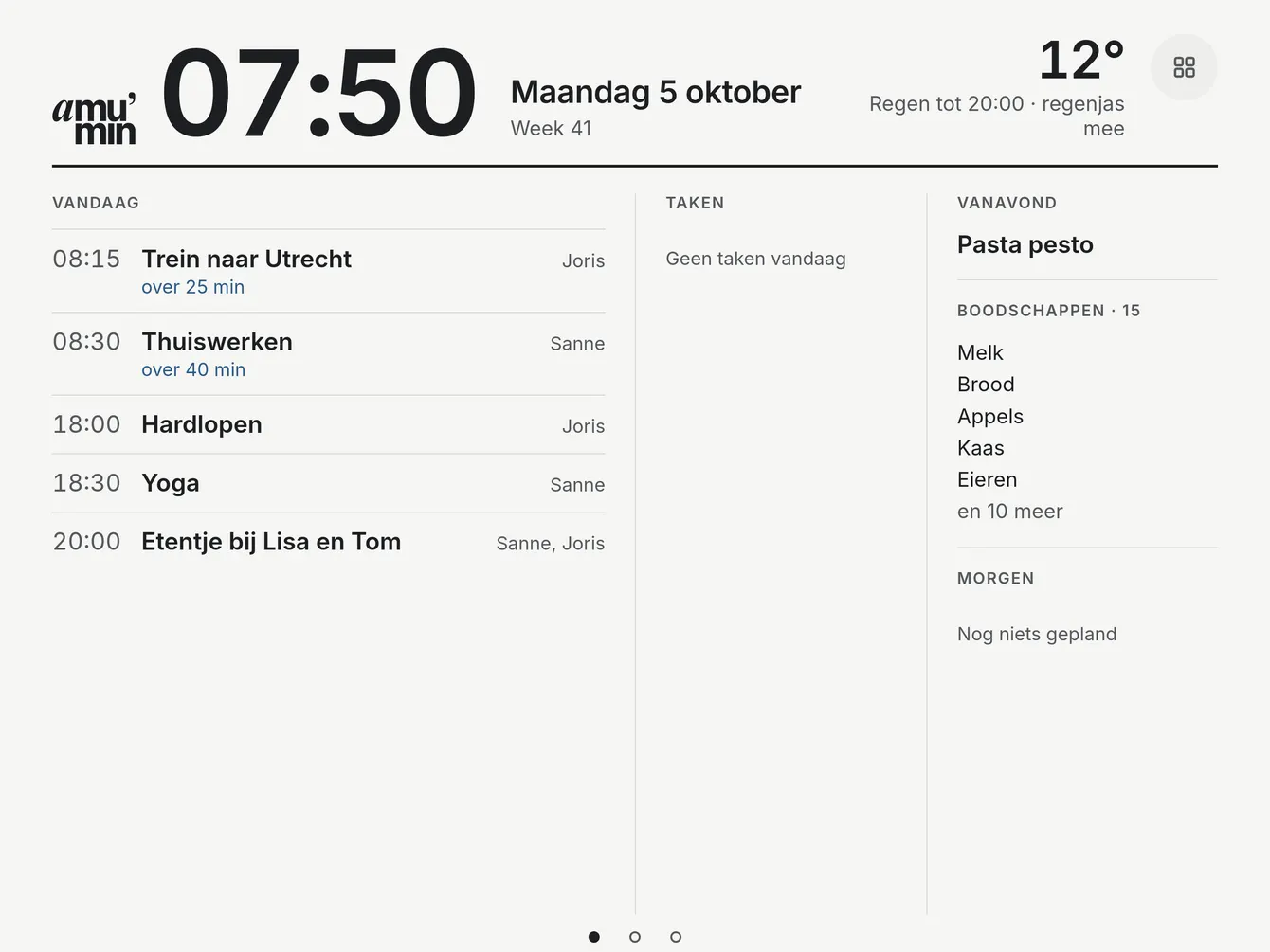 A board for two people in Grid: today with the train, yoga and a dinner out, with who does what, plus dinner and the shopping