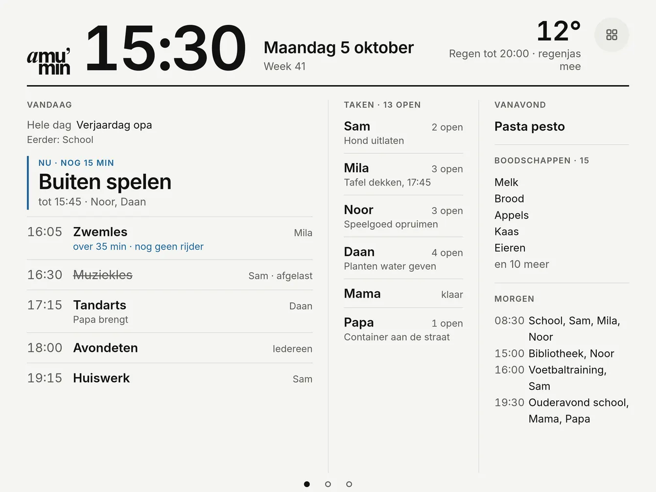 The board in Grid, the default: the time large and the weather in one sentence, then three columns with today (what is on now and who still needs a driver), tasks per person, and tonight, shopping and tomorrow