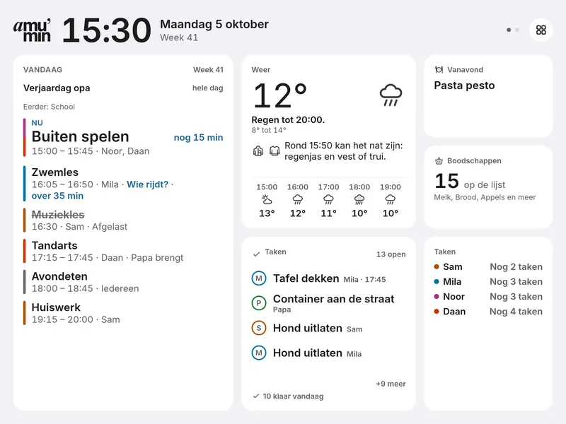 The board in the Widgets theme: separate tiles for today, the weather, tonight, shopping and tasks