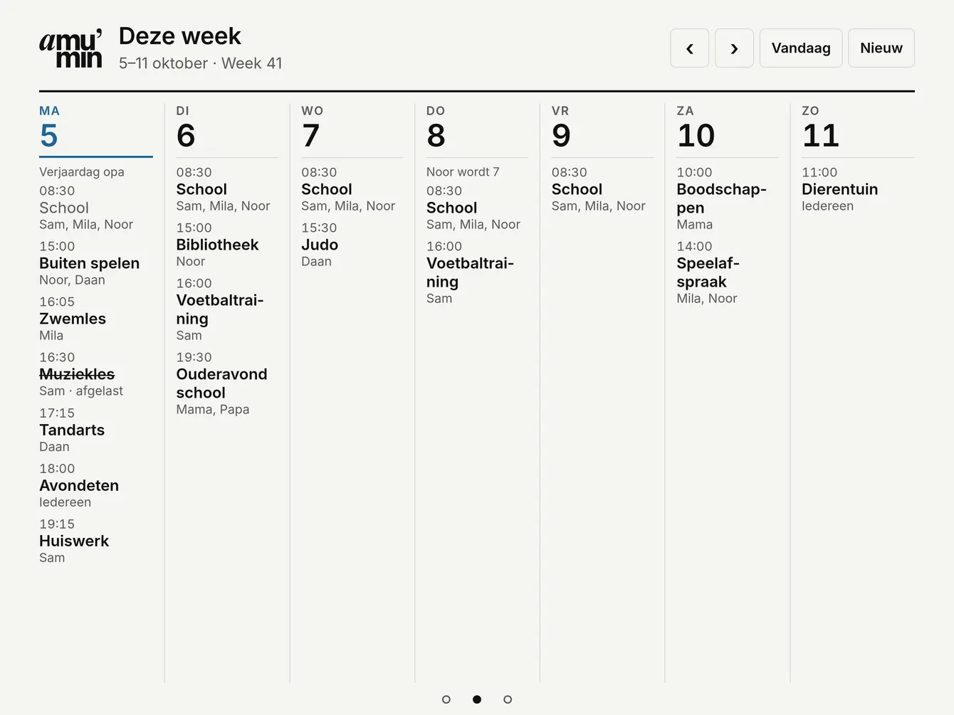 The week on the board in Grid: seven columns with the time, what and who for each day, without an hour grid