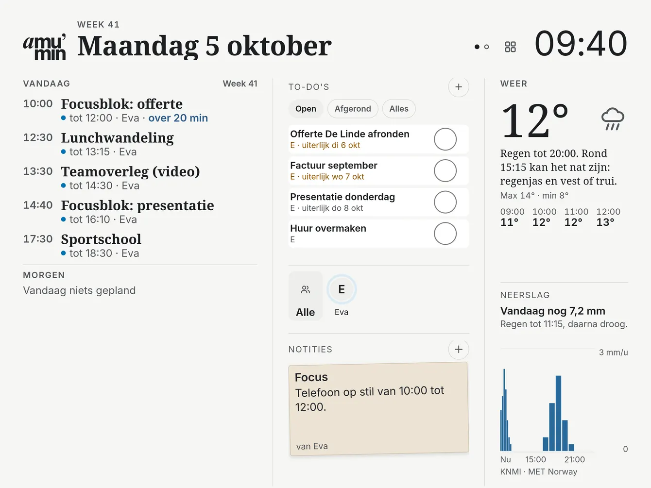 Een bord voor één persoon in thema Papier: focusblokken in de agenda, to-do’s, een notitie, het weer en de neerslag