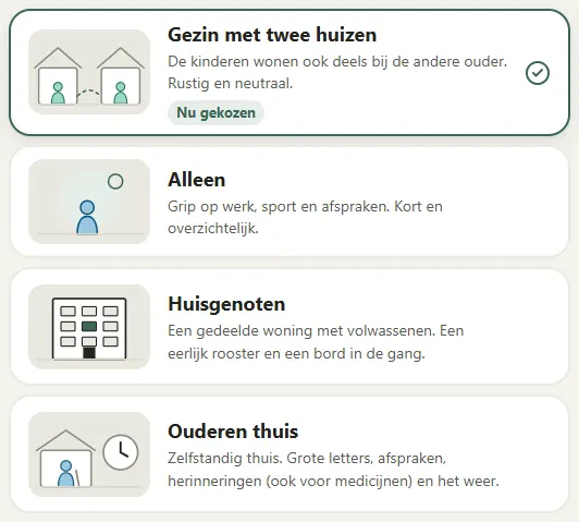 Kiezen wie er wonen: vier van de acht kaarten, met "Gezin met twee huizen" gekozen, en verder alleen, huisgenoten en ouderen thuis.