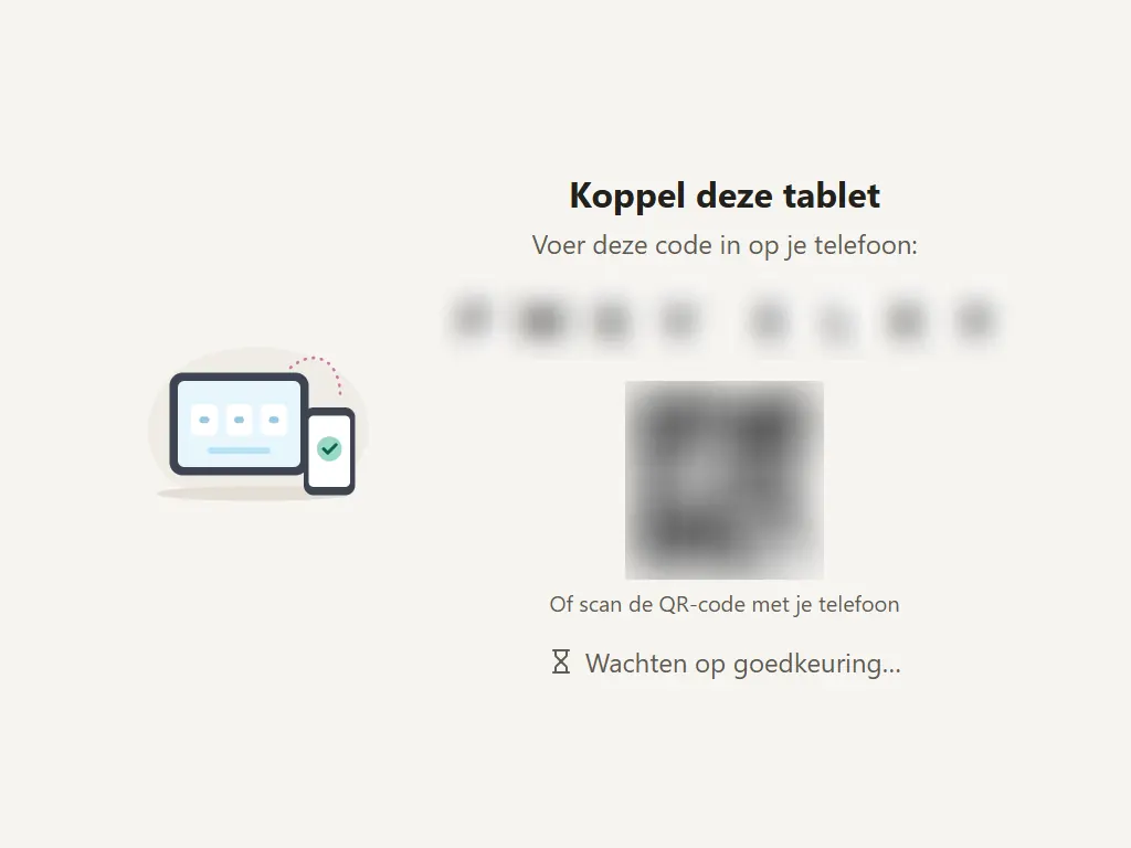 Een tablet toont "Koppel deze tablet" met een code en een QR-code om te scannen. Code en QR-code zijn hier onleesbaar gemaakt.