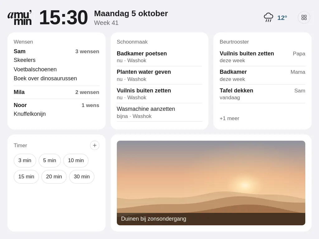 The same widgets in large: Wishes with the first wishes of Sam and Noor and for Mila only the number, Cleaning with four jobs, Chore rota with whose turn it is, the Timer and a large photo with a caption