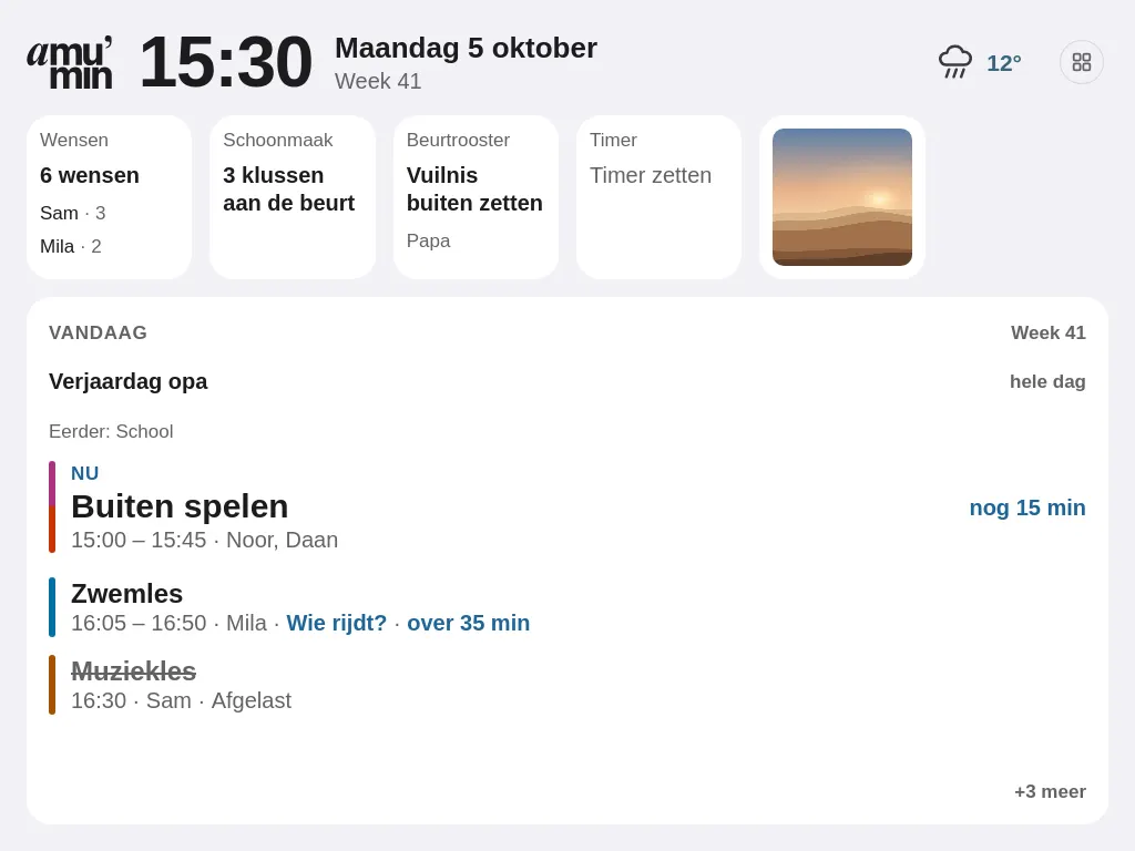 The board with five small widgets in a row: Wishes with 6 wishes, Cleaning with 3 jobs due, Chore rota with the first chore, Set timer and a photo; below them today’s agenda