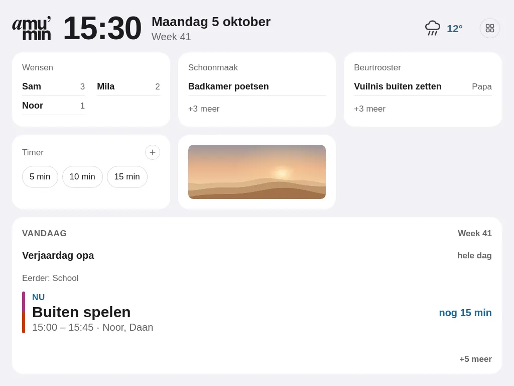 The same widgets in medium: Wishes with the number per child, Cleaning and Chore rota with the first job, the Timer with quick minutes and a wider photo