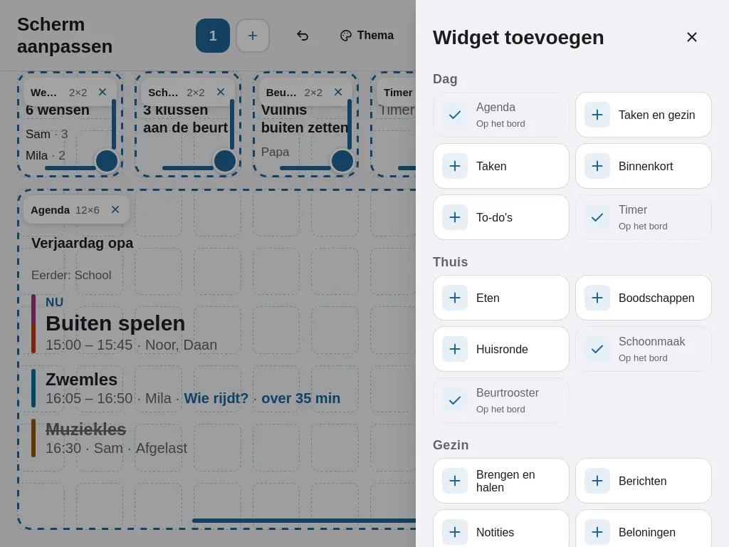 Customising the screen on the board, with the Add widget panel: the widgets in the groups Day, Home and Family, with a tick next to what is already on the board