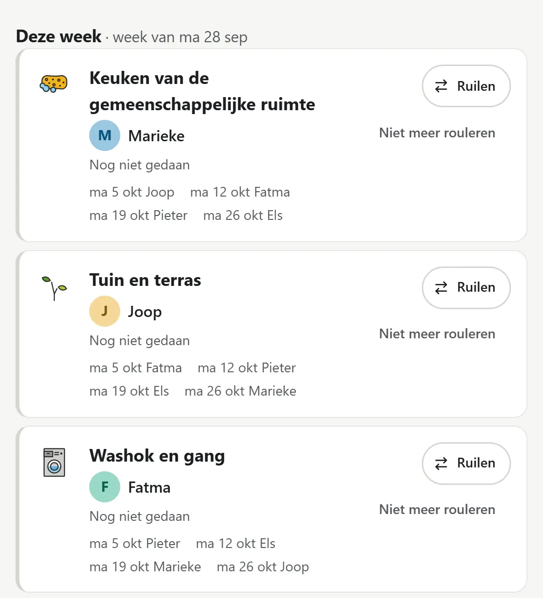 Het schoonmaakrooster van het hofje in de app, deze week: de keuken van de gemeenschappelijke ruimte (Marieke), tuin en terras (Joop) en washok en gang (Fatma); elke week iemand anders, met een knop om te ruilen.